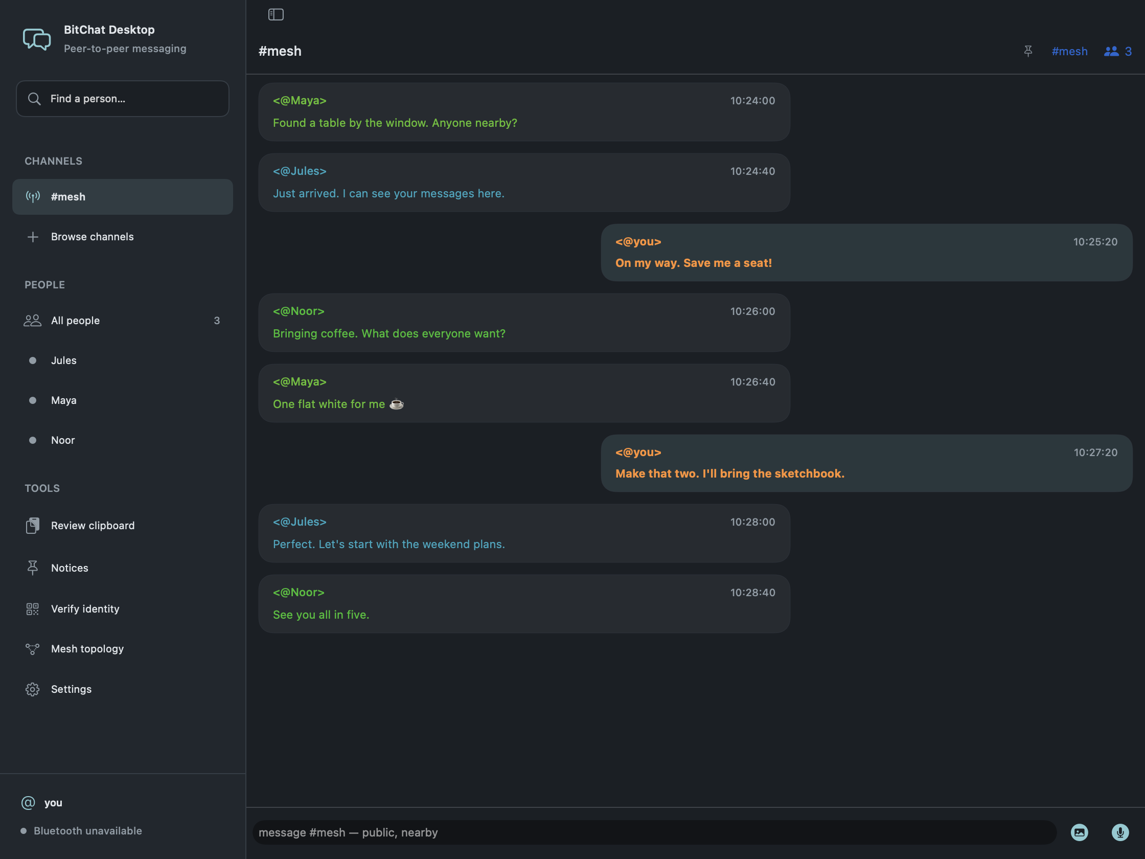 BitChat Desktop native macOS app: Graphite theme · Bubble chat, showing a sample conversation and the people and channels sidebar.