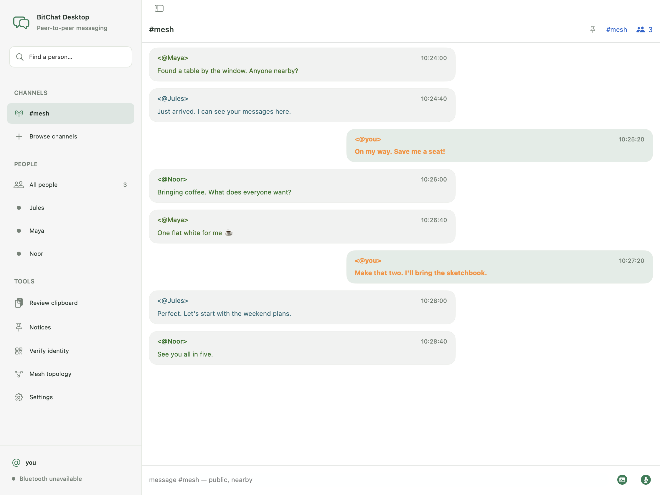 BitChat Desktop native macOS app: Light theme · Bubble chat, showing a sample conversation and the people and channels sidebar.