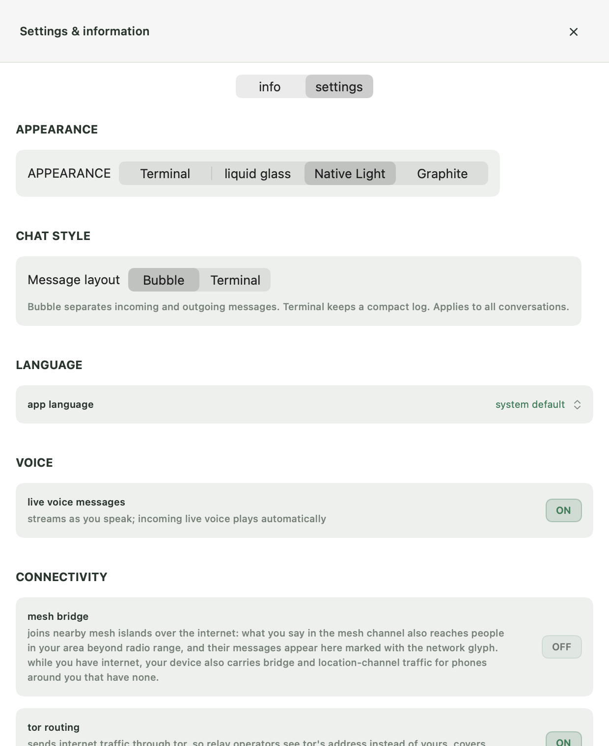 Native BitChat Desktop Settings showing Terminal, Native Light, Graphite and Liquid Glass theme options, and Terminal or Bubble chat style.