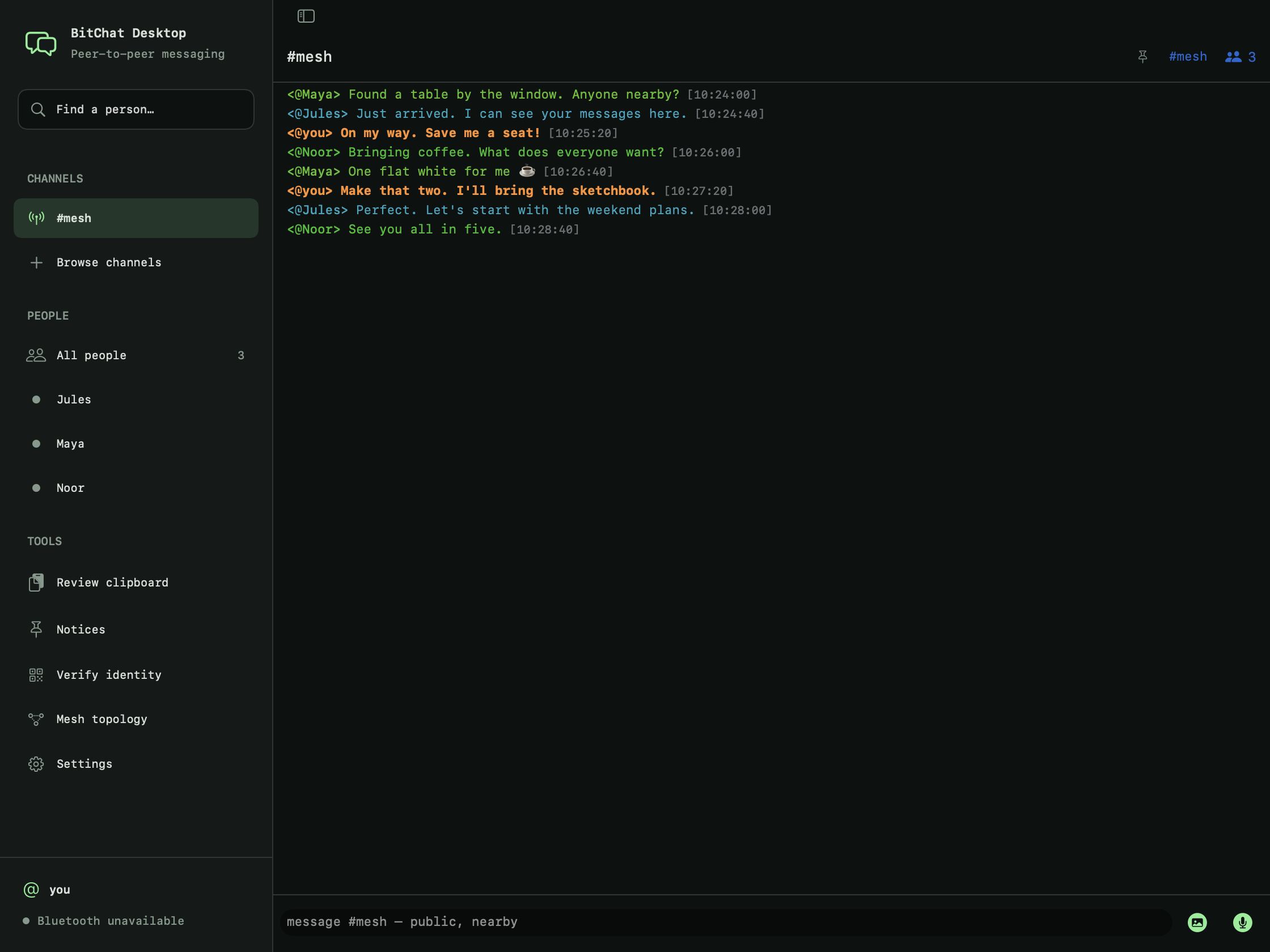 BitChat Desktop native macOS app: Terminal theme · Terminal chat, showing a sample conversation and the people and channels sidebar.